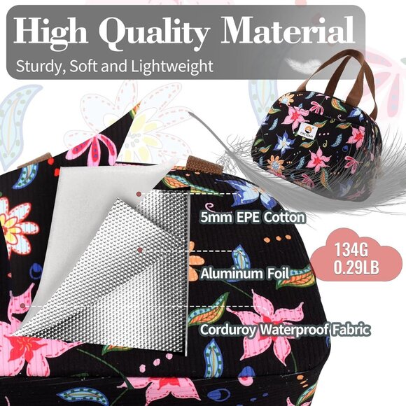 Cute Floral Corduroy Lunch Box for Women & Teens, Insulated Tote for Work/School - Picture 3 of 7